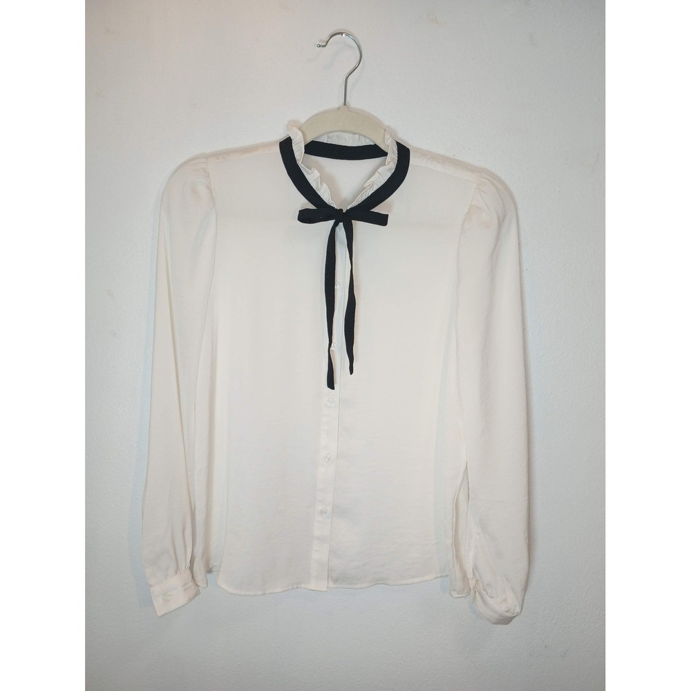 Zara Womens Cream Long Sleeve Ruffle Neck Blouse with Black Bow Tie Secretary S